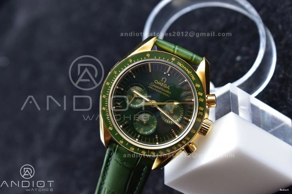 Gold Green Speedmaster Manual Green on Moonshine Strap Dial Edition RMF in Chrono YG Moonwatch Best Leather 0201